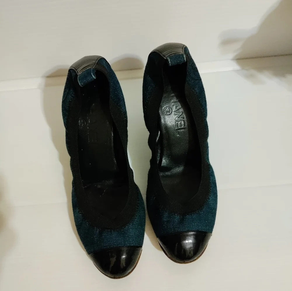 CHANEL Ballet w Heels- Blue Jeans Leather 37.5 - 7US